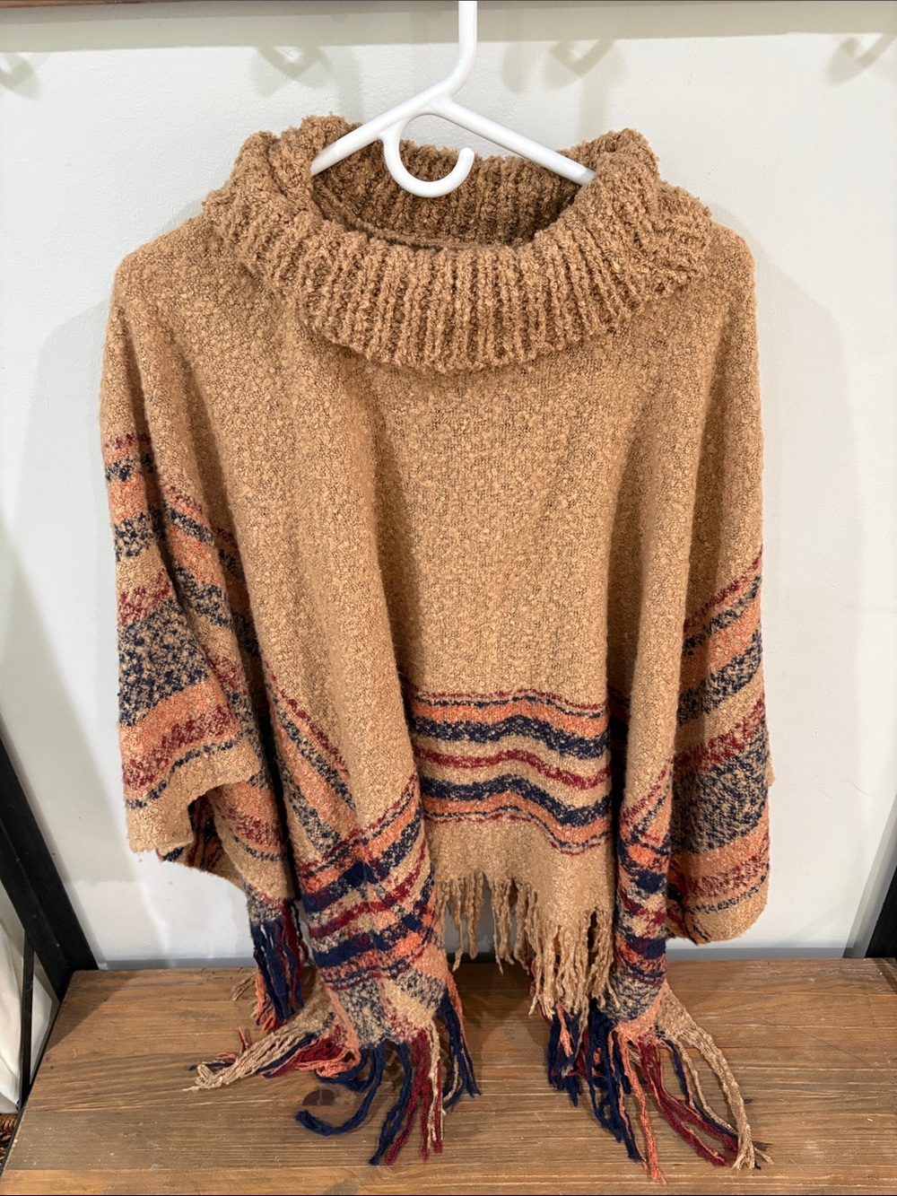 Francesca's Collections Camel Turtleneck Striped Fringe Poncho